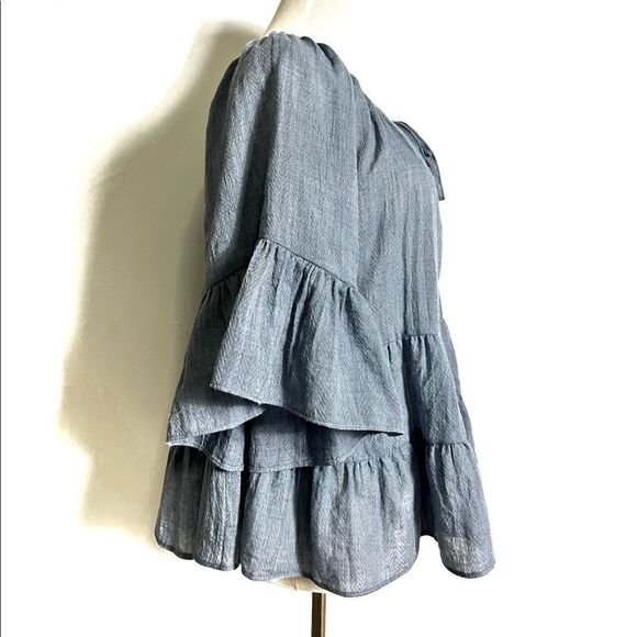 MUSTARD SEED Blue Chambray Ruffle Frills Tiered Dolman Bell Sleeve Blouse Top - Picture 2 of 6